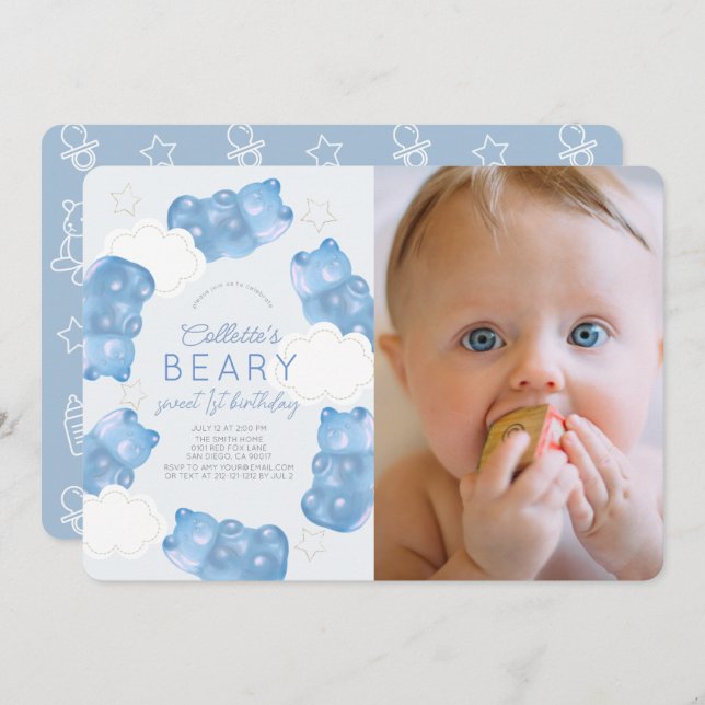 Beary Sweet Blue Gummy Bear Boy Photo 1st Birthday Invitation (Front/Back)