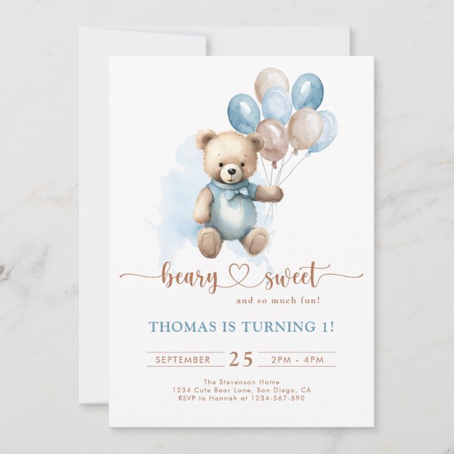 Beary Sweet Boy 1st Birthday Teddy Bear Blue Brown Invitation (Front)