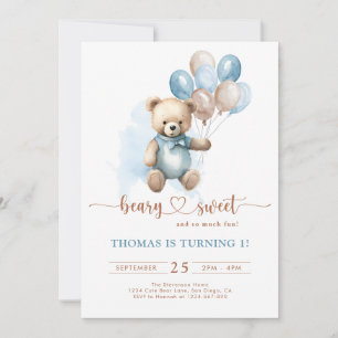 Beary Sweet Boy 1st Birthday Teddy Bear Blue Brown Invitation
