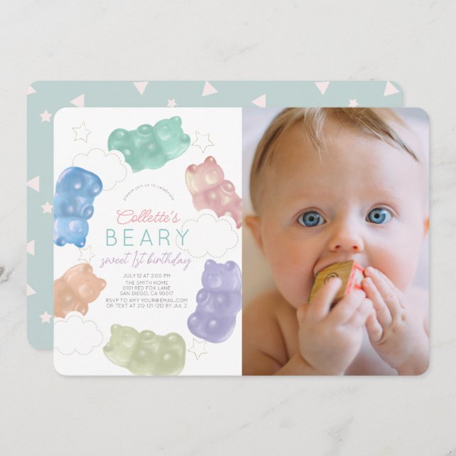 Beary Sweet Gummy Bear Girl Photo 1st Birthday Invitation (Front/Back)