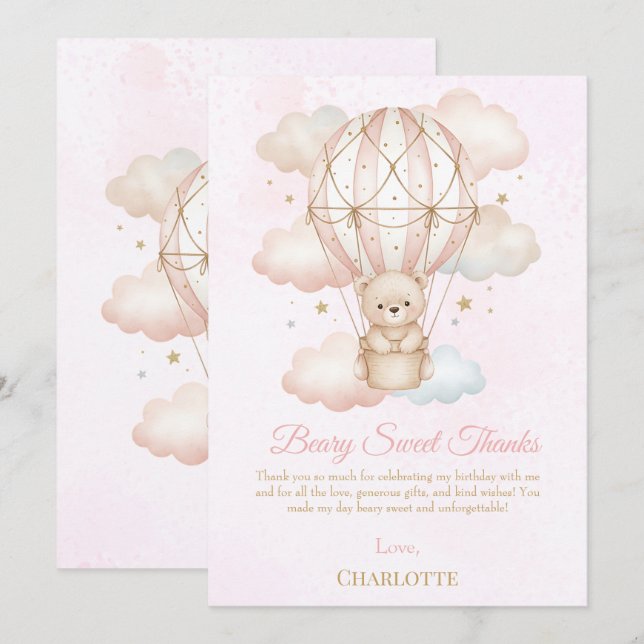 Beary Sweet Hot Air Balloon 1st Birthday  Thank You Card (Front/Back)