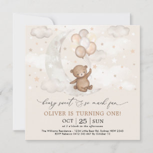 Beary Sweet Moon & Stars Teddy Bear 1st Birthday Invitation