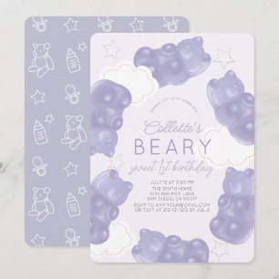 Beary Sweet Purple Gummy Bear 1st Birthday Invitation