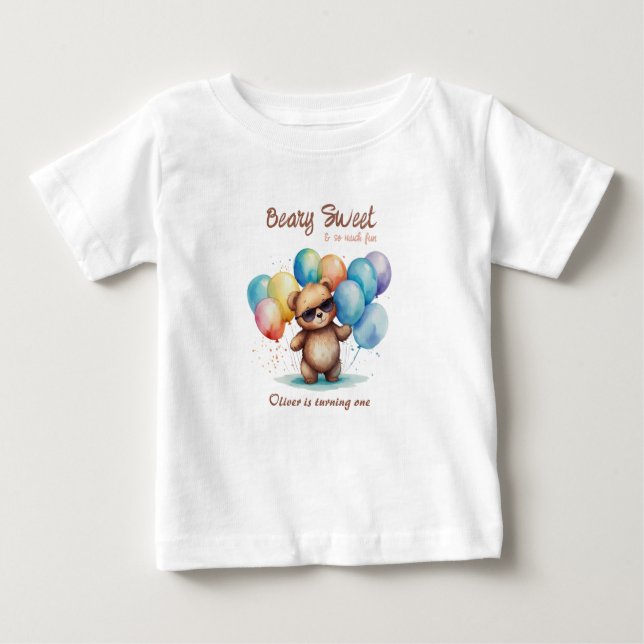 Beary Sweet Teddy bear wearing glasses and balloon Baby T-Shirt (Front)
