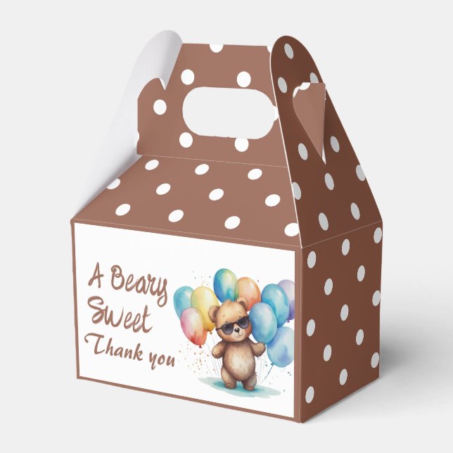 Beary Sweet Teddy bear wearing glasses and balloon Favour Box (Front Side)