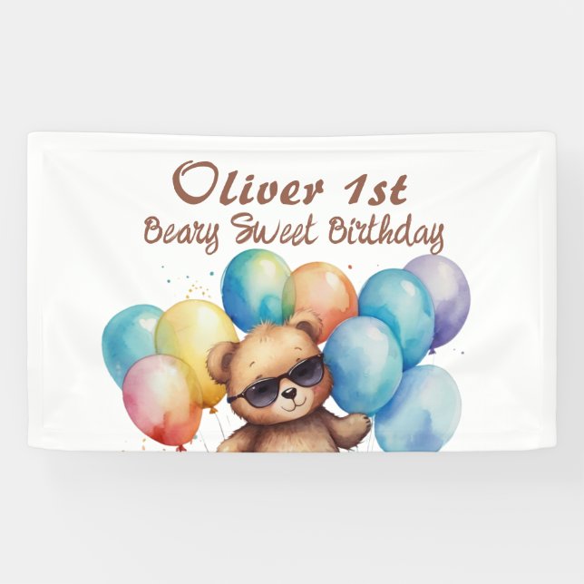 Beary Sweet Teddy wearing glasses and Balloon Banner (Horizontal)
