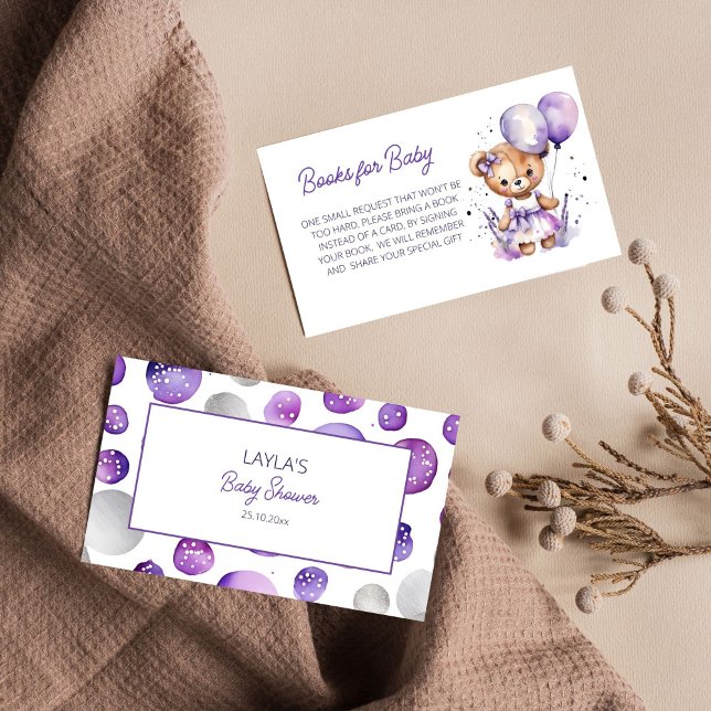 Beary teddy bear purple baby shower books for baby enclosure card (Beary cute teddy bear purple baby shower books for baby enclosure card cute girl teddy bear balloons)
