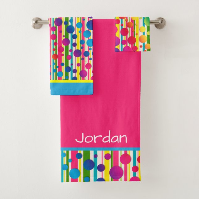 [Beatnik Bubbles] Retro Polka Dot Stripe Rainbow 3 Bath Towel Set (Insitu)