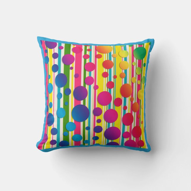 [Beatnik Bubbles] Retro Polka Dot Striped Blue Cushion (Front)