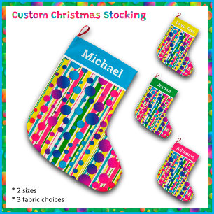 [Beatnik Bubbles] Retro Polka Dot Striped Blue Large Christmas Stocking