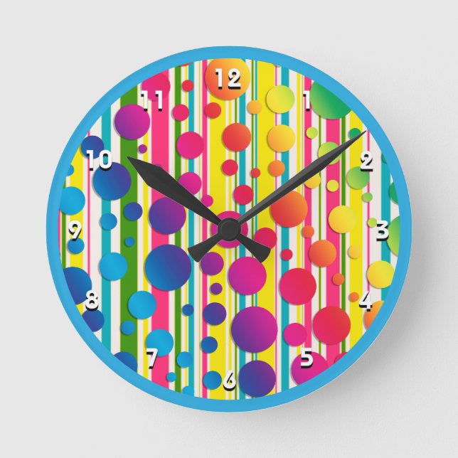 [Beatnik Bubbles] Retro Polka Dot Striped Blue Round Clock (Front)
