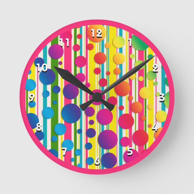 [Beatnik Bubbles] Retro Polka Dot Striped Pink Round Clock (Front)
