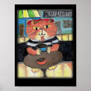 Beatnik Kitty Coffeehouse Folk Art Painting Poster