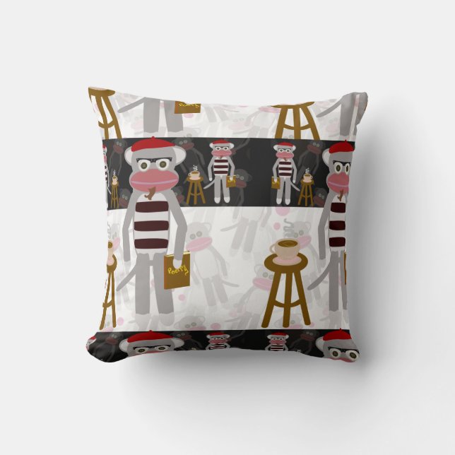 Beatnik Sock Monkey Poetry Party Fun Cartoon Art Cushion (Front)