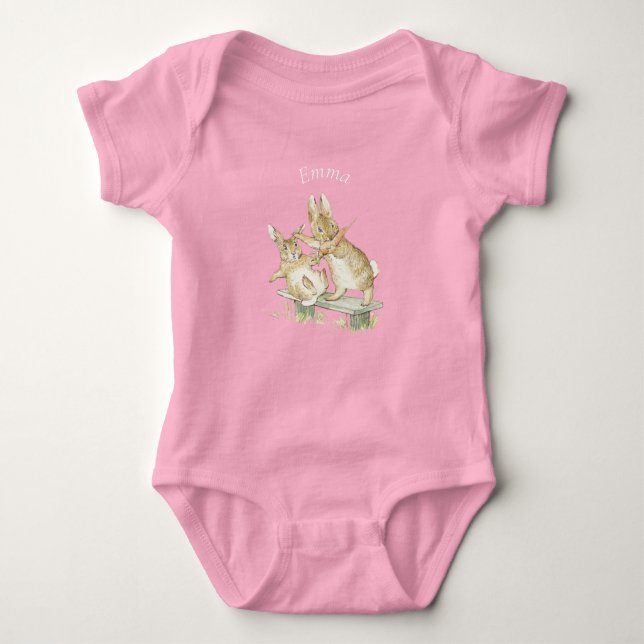 Beatrix Potter, Cute Brown Bunnies Eating Carrots Baby Bodysuit (Front)