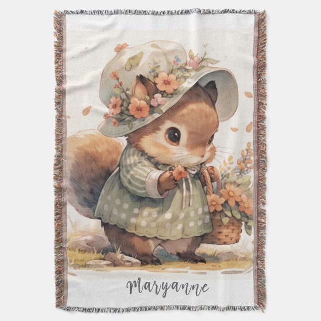 Beatrix Potter Style Baby Squirrel Throw Blanket (Front Vertical)
