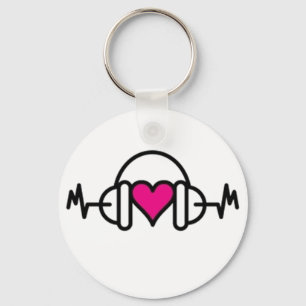 Beats of Love   Pink heart with pulse & headphone Key Ring