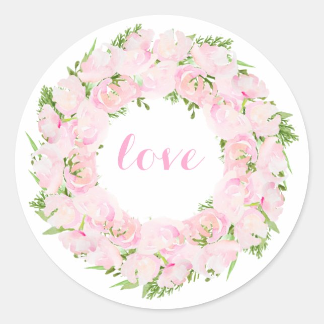 Beauliful Love Watercolor Flower Wreath Classic Round Sticker (Front)