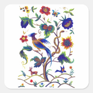Beautful Jacobean Bird of Paradise Embroidery Square Sticker