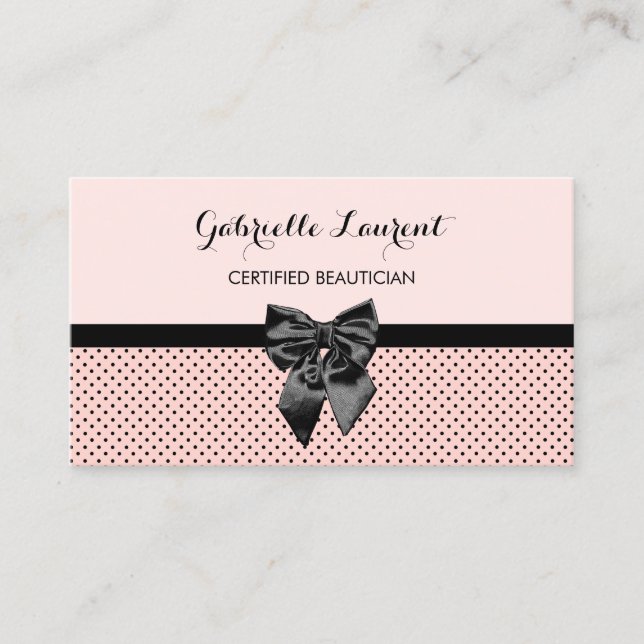 Beautician Chic Parisian Pink Polka Dots Black Bow Business Card (Front)