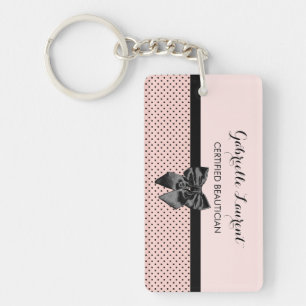 Beautician Chic Parisian Pink Polka Dots Black Bow Key Ring