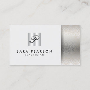 Beautician Elegant Silver Monogram Damask Business Card
