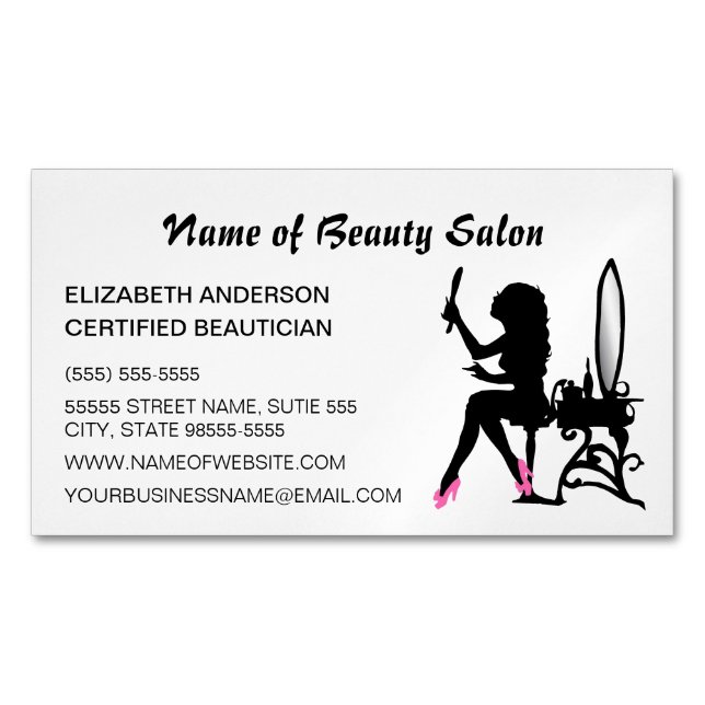 Beautician Pink and Black Girly Girl Hair Stylist Magnetic Business Card (Front)