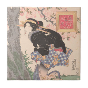 Beauties under Cherry Blossoms Vintage Ukiyo-e Ceramic Tile