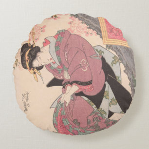 Beauties under Cherry Blossoms Vintage Ukiyo-e Round Cushion