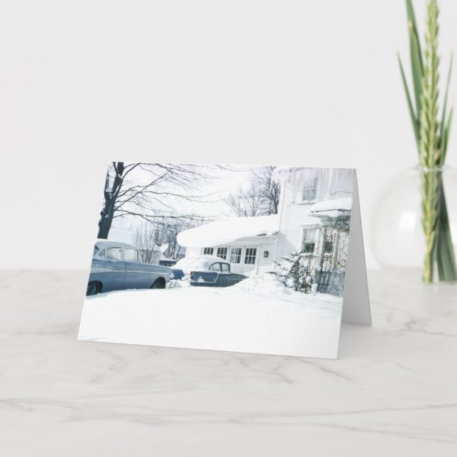 Beautiful 1950's Snow Covered House and Cars Card (Front)