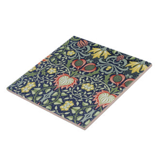 Beautiful 19th Century Floral Pattern Green Red Ceramic Tile