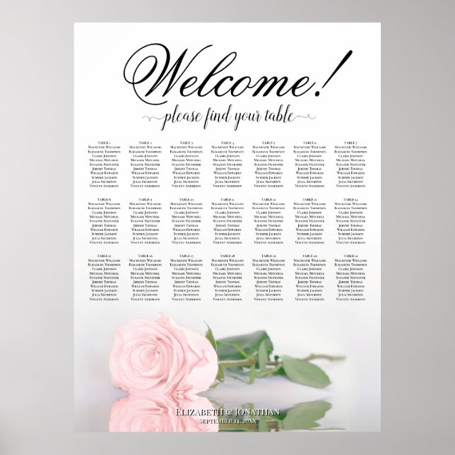 Beautiful 21 Table Pink Rose Wedding Seating Chart (Front)