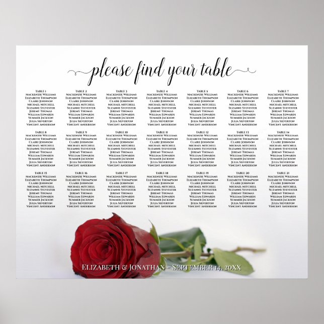 Beautiful 21 Table Red Rose Wedding Seating Chart (Front)