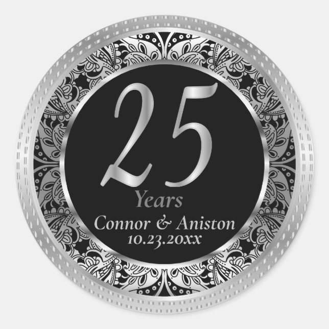 Beautiful 25th Silver Metallic and Black Classic Round Sticker (Front)