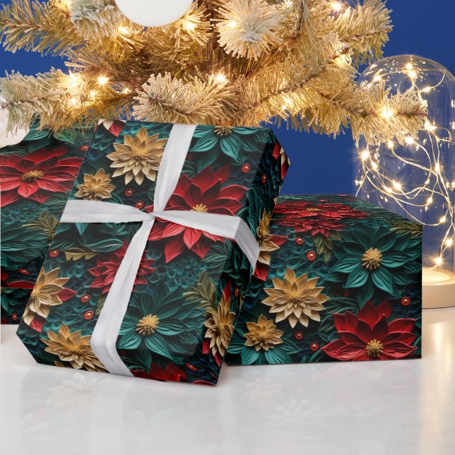 Beautiful 3-D Poinsettia Christmas Pattern Wrapping Paper (Holidays)