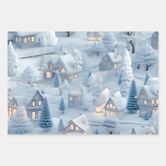 Beautiful 3D Festive Christmas Village Wrapping Paper Sheet (Front)