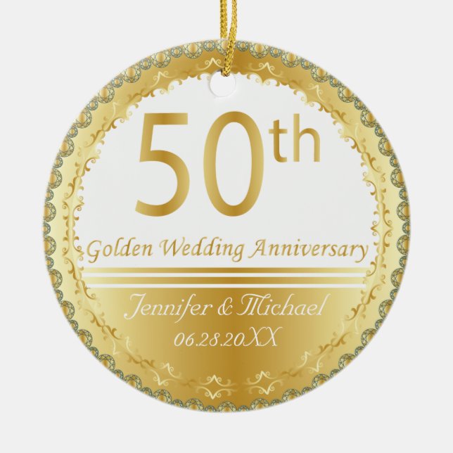 Beautiful 50th Golden Wedding Anniversary Ceramic Tree Decoration (Front)