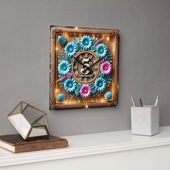 Beautiful 5th Wedding Anniversary Square Wall Clock (Office)