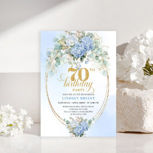 Beautiful 70th Birthday Blue Floral Gold Invitatio Invitation