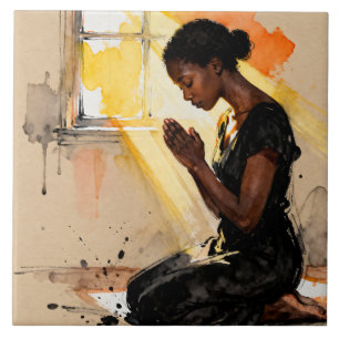 Beautiful Abstract African=American Woman Praying Ceramic Tile