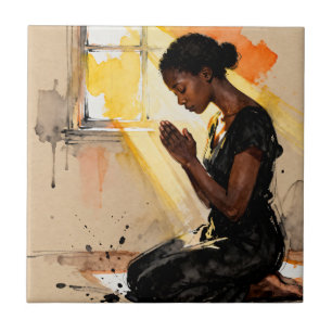 Beautiful Abstract African=American Woman Praying Ceramic Tile