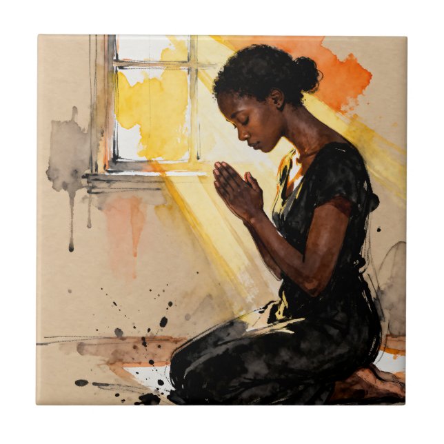Beautiful Abstract African=American Woman Praying Ceramic Tile (Front)