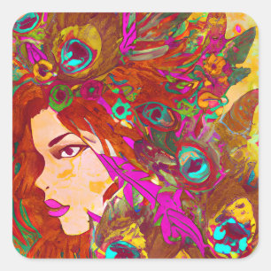 Beautiful Abstract Art   Women with Feathers Square Sticker