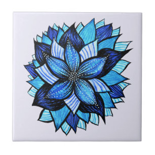 Beautiful Abstract Blue Flower Ink Drawing Ceramic Tile