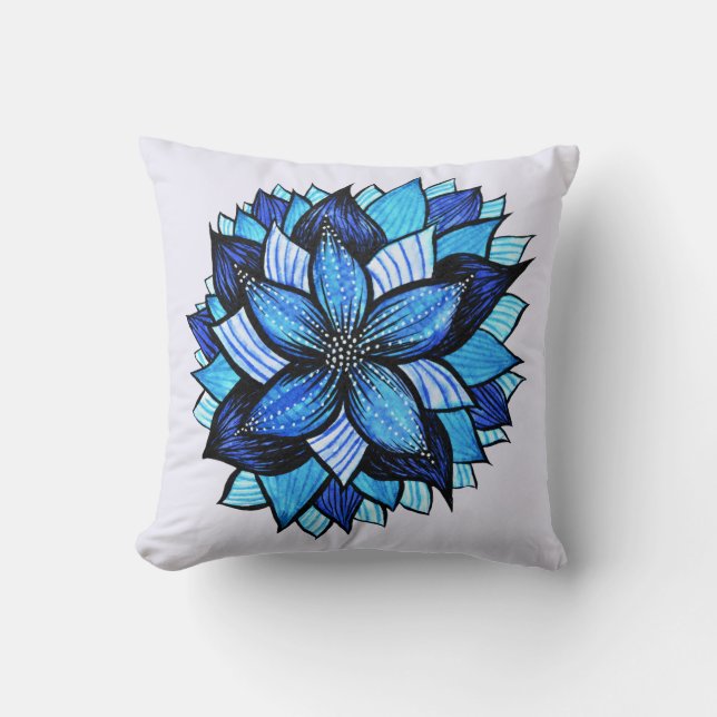 Beautiful Abstract Blue Flower Ink Drawing Cushion (Front)