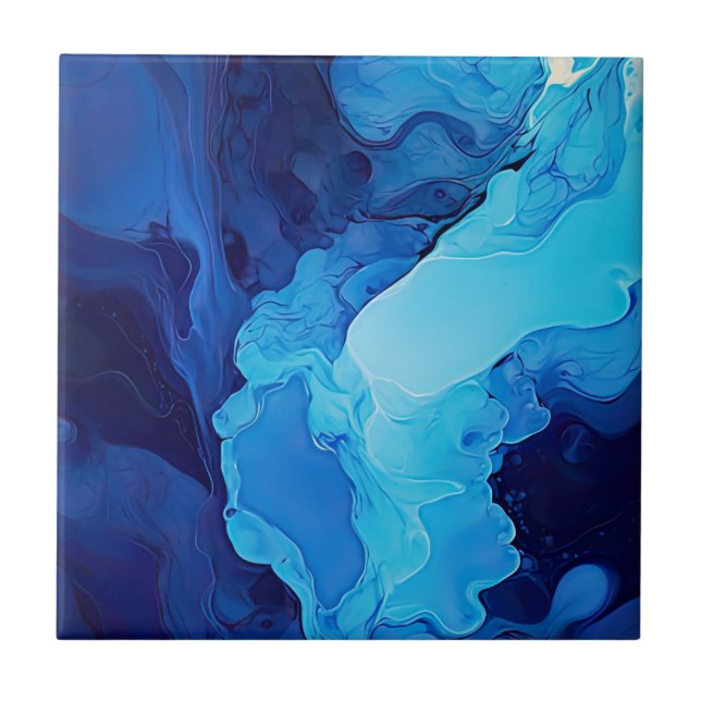 Beautiful Abstract Blue Modern Artistic Fluid Art Ceramic Tile (Front)