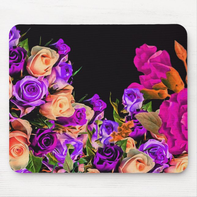 Beautiful Abstract Flowers Black Background Mouse Pad (Front)