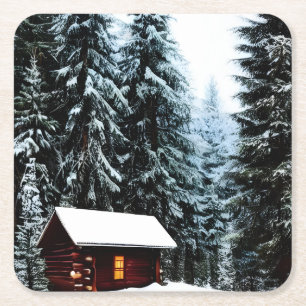 Beautiful Abstract Little Winter Cabin Square Paper Coaster