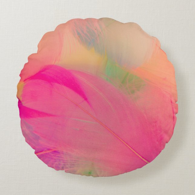 Beautiful abstract purple and blue feathers on whi round cushion (Front)