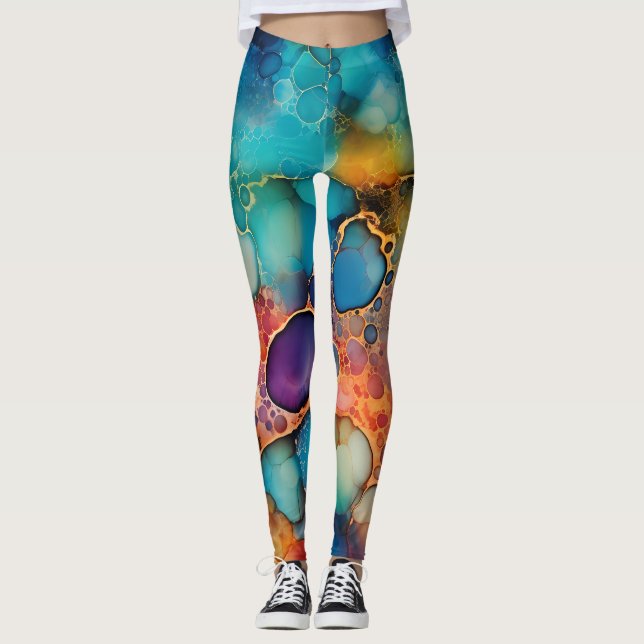 Beautiful Abstract Rainbow Alcohol Ink Liquid Art Leggings (Front)